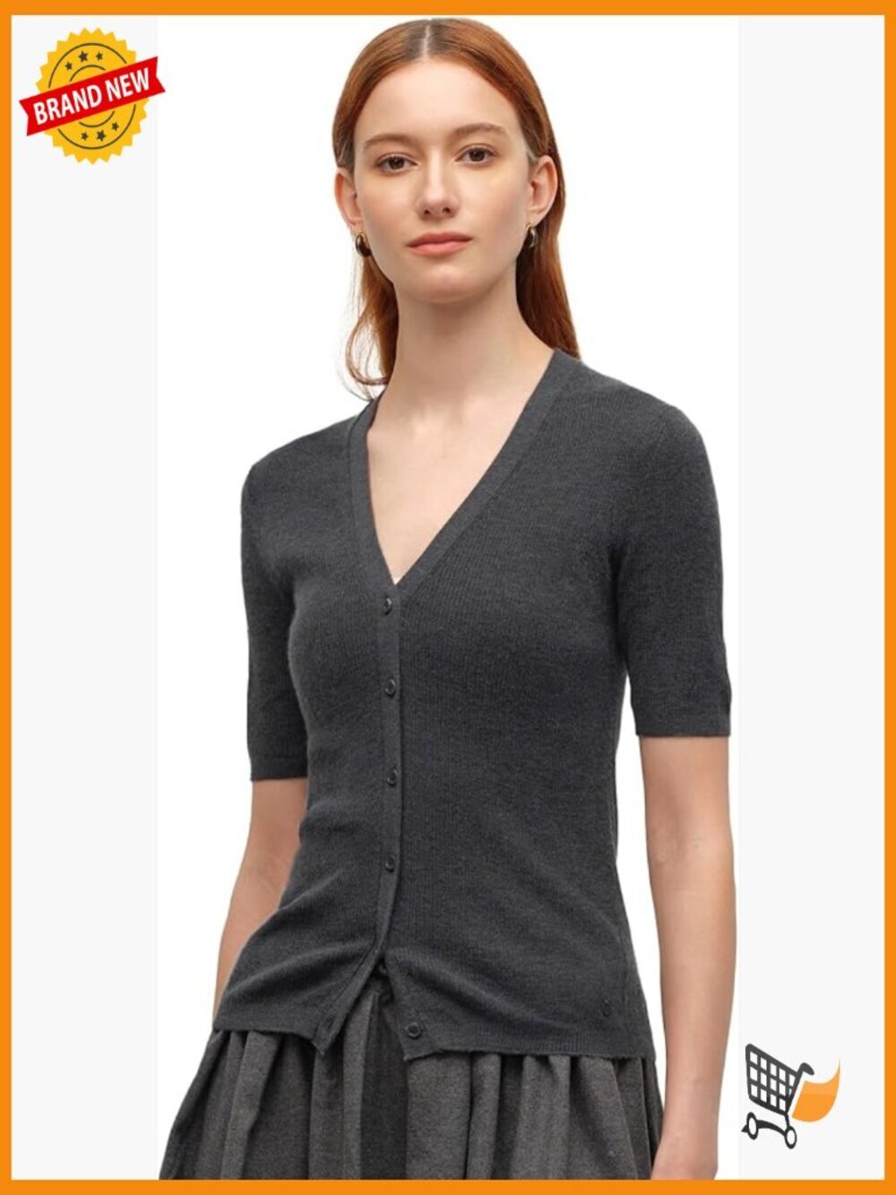 70% Cashmere 30% Silk V-Neck Ribbed Knit Short Sleeve Cardigan Lightweight